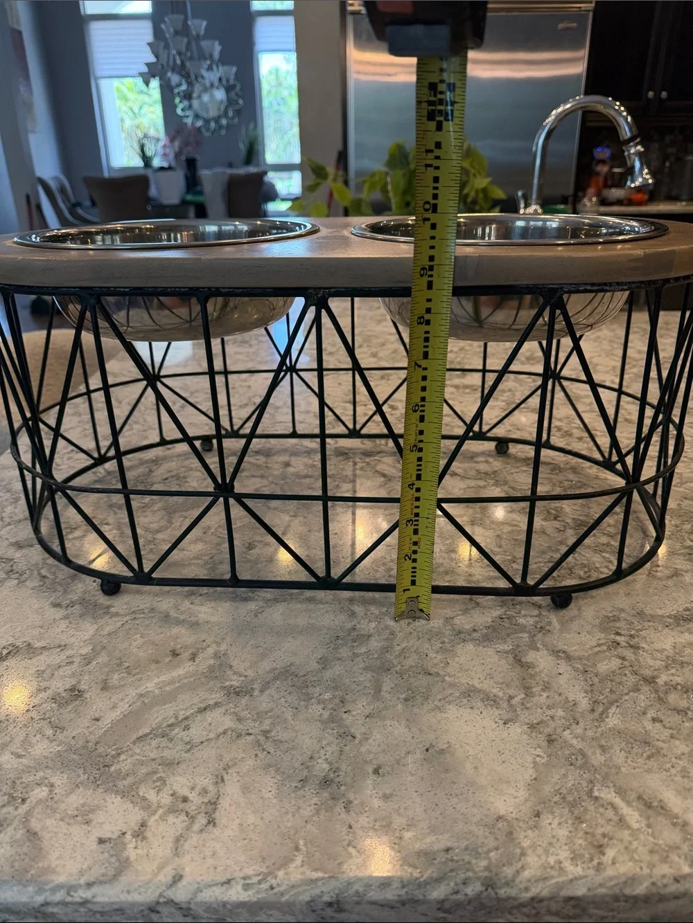Elevated Double Pet Bowl Stand in Black Metal with Wood Top large bowls